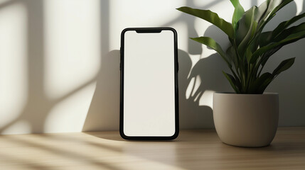 Blank screen phone standing on the table. Sunlight and shadows on the background wall. Mock up visualization