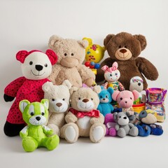 Colorful stuffed animals, toys, play, studio background, children's room decor