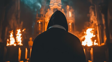 The back view of a hooded priest in dark attire on a white background, with volumetric realism and a 25mm lens effect, employing depth of field and tilt blur, placed on a blurred fire backdrop