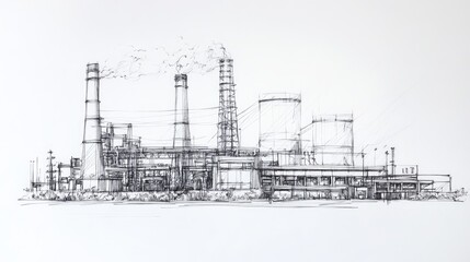 Ink sketch of a large landscape cogeneration power station highlighting the combination of heat and power production