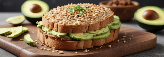 Freshly baked whole grain bread with avocado spread, whole grain bread,