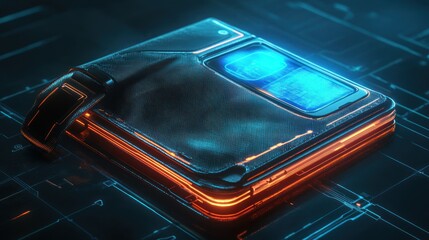 Futuristic metallic device with glowing screen.