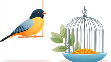 Colorful Bird on Swing Beside Cage with Food and Green Leaves