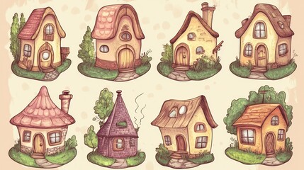 Naklejka premium Eight whimsical cartoon houses, various styles, colors, and sizes.