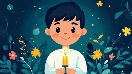 Religious First Communion Concept with Boy Holding Lit Candle Flat Vector Illustration