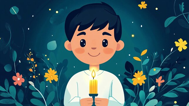 Religious First Communion Concept with Boy Holding Lit Candle Flat Vector Illustration
