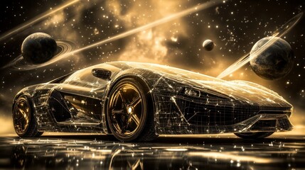 Naklejka premium Futuristic golden sports car in space.
