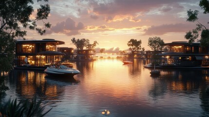Fototapeta premium Luxury waterfront homes at sunset.