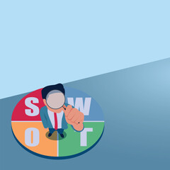 A man looking with magnify standing on swot. Illustration of swot analysis, strengths, weaknesses, opportunities, and threats.