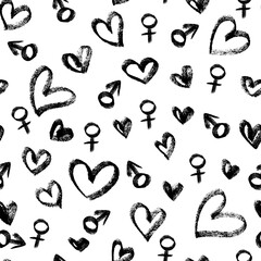 Vector seamless pattern with hand drawn hearts an gender signs. Textured drawn heart shapes and femininity and masculinity symbols repeatable backdrop. Minimalistic romantic backdrop.