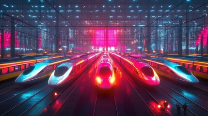 Fototapeta premium Futuristic high-speed trains at a vibrant neon city station.