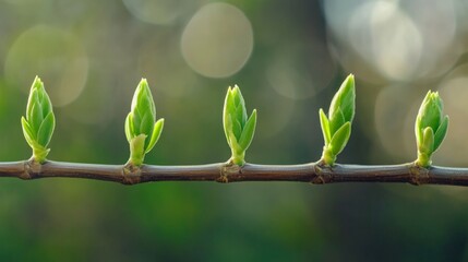 Obraz premium Fresh Green Buds on a Branch with Soft Blurry Background