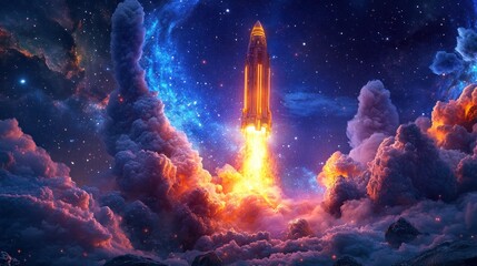 Rocket launching through vibrant nebula clouds.