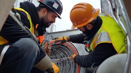 Installation technicians securing optic fiber with cable ties.