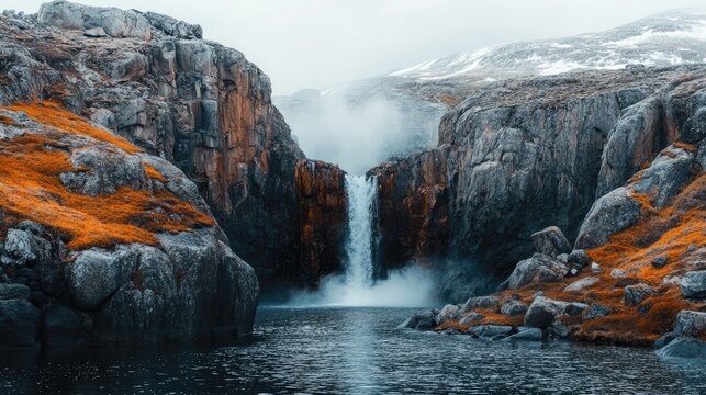 Majestic waterfall cascading between rocky cliffs with orange vegetation in a rugged landscape