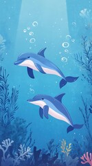 Two Dolphins Swimming in a Vibrant Ocean Scene