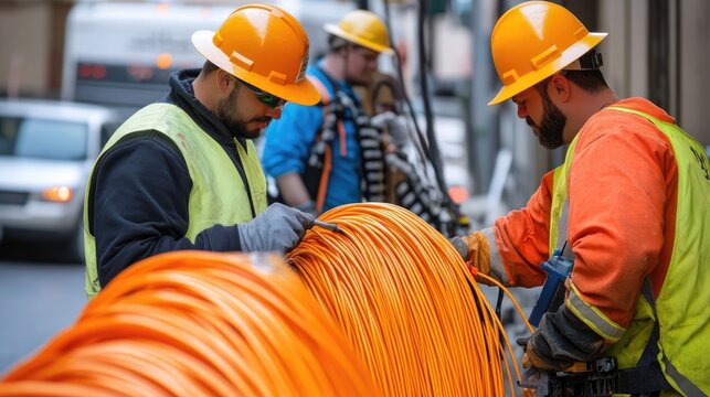 Installation technicians securing optic fiber with cable ties.