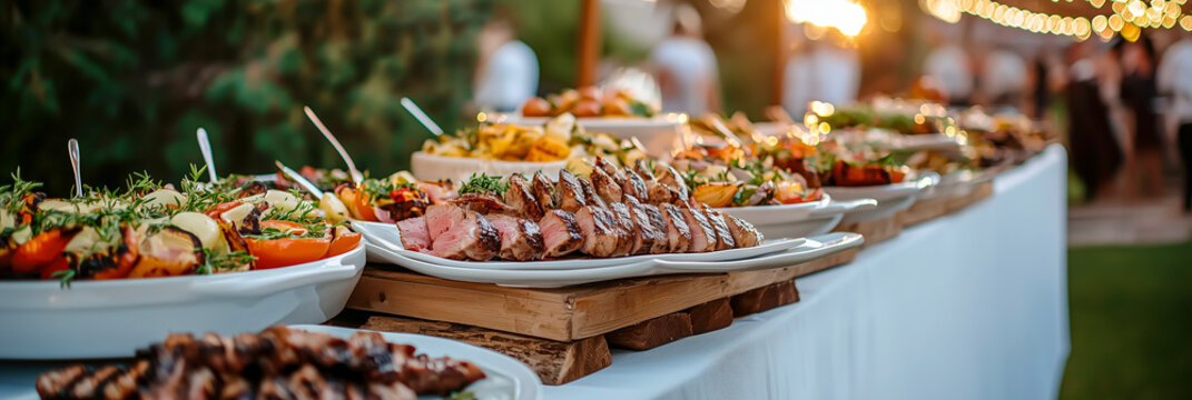 Outdoor buffet table with grilled meats and vegetables.
