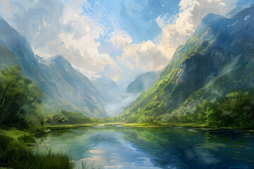 Fototapeta premium Serenity in Brushstrokes: A Tranquil Landscape Embraced by Majestic Mountains and Meandering River