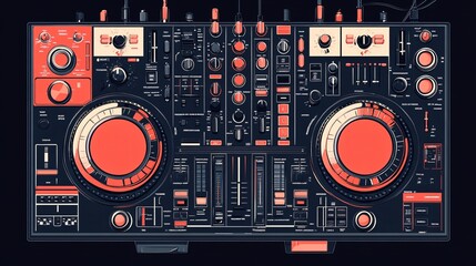 Professional isolated flat vector illustration of a stereo DJ mixer for music production