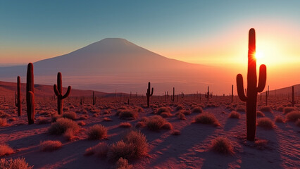 Una vista panorámica del desierto de Atacama al amanecer, los tonos rojos y naranjas del paisaje árido brillando bajo la luz temprana, siluetas de cactus en primer plano, un volcán distante flotando 