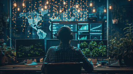 Fototapeta premium person working at desk with multiple monitors, analyzing data in dimly lit room filled with plants and decorative lights. atmosphere is focused and tech oriented