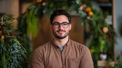 A man with glasses and a beard wearing a brown shirt.