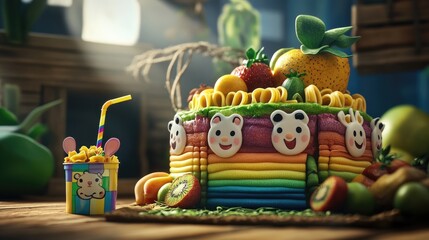 Rainbow fruit cake with cute animals, kitchen setting, sunlight