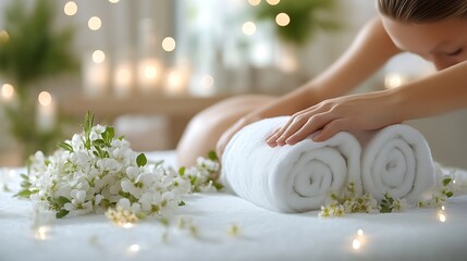 Relaxing Spa Massage with White Towels and Flowers