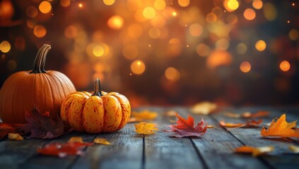 Autumnal Still Life: Pumpkins and Fall Leaves on Rustic Wooden Table