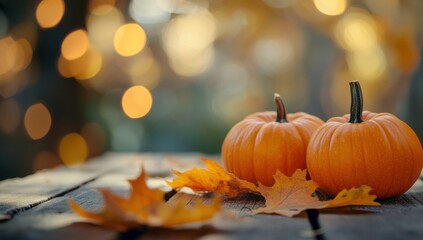 Autumnal Still Life: Two Pumpkins and Maple Leaves on Rustic Wood