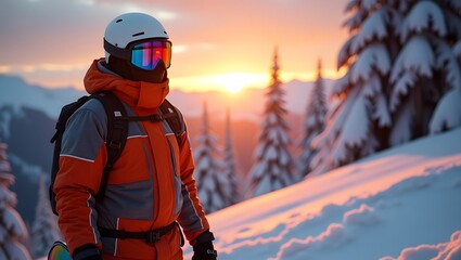 A lone figure with a snowboard surrounded by misty winter beauty,Banner copy space.
