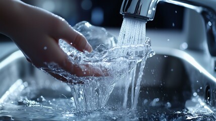 A photorealistic image of a person washing a modern glass vase in the kitchen sink

