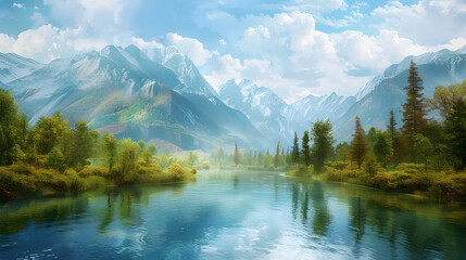 Fototapeta premium Serenity in Brushstrokes: A Tranquil Landscape Embraced by Majestic Mountains and Meandering River