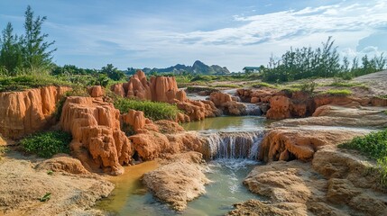 Obraz premium Stunning landscape with small waterfalls and unique rock formations in nature under a partly cloudy sky