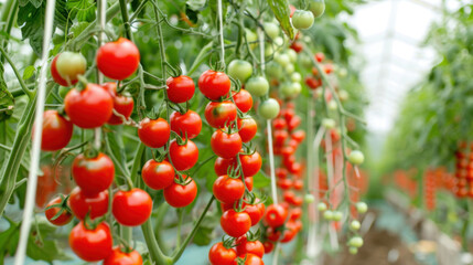 Fototapeta premium Fresh red tomatoes hanging on vines in greenhouse, showcasing vibrant colors and healthy growth. lush greenery enhances agricultural beauty of this setting