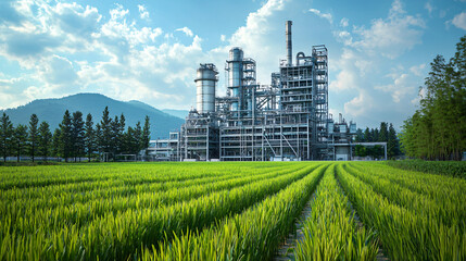 A sustainable plant-based energy system in a contemporary factory, surrounded by fields of greenery, illustrating the conversion of biomass into electricity with a focus on environmental friendliness.