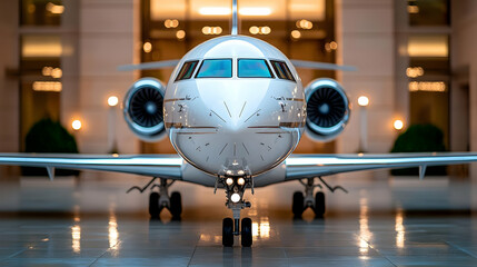 Fototapeta premium Private jet parked at airport terminal, night. Luxury travel