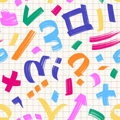 Various Hand drawn Shapes and Doodle objects as a backdrop. Vector seamless pattern with various symbols and signs. Bright repeatable backdrop.