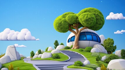 Naklejka premium Modern Futuristic House on Green Hill with Large Tree and Clouds