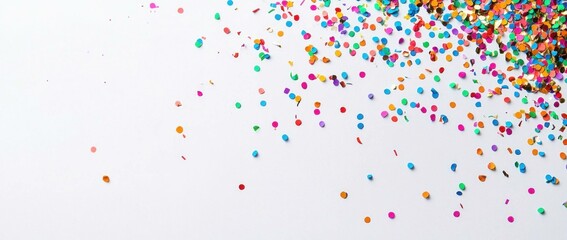 Colorful confetti scattered on a white background, perfect for celebrations, parties, and events, featuring vibrant colors like pink, blue, orange, and green