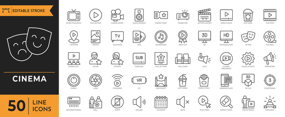 Cinema icon set. Containing Movie, film, video, tv and more. Vector illustration