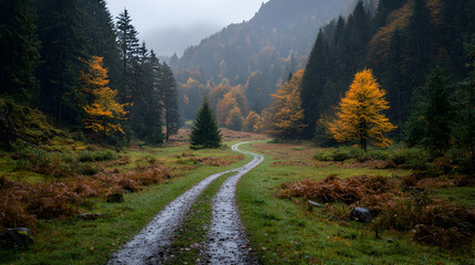 Fototapeta premium Winding road through autumn forest, misty mountains