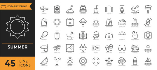 Summer outline icon set. Vacation and beach outline icons. Containing Travel, beach, tourism, summer holiday, and more. editable stroke. Vector illustration © twenty-icons