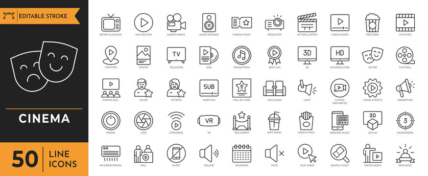 Cinema icon set. Containing Movie, film, video, tv and more. Vector illustration