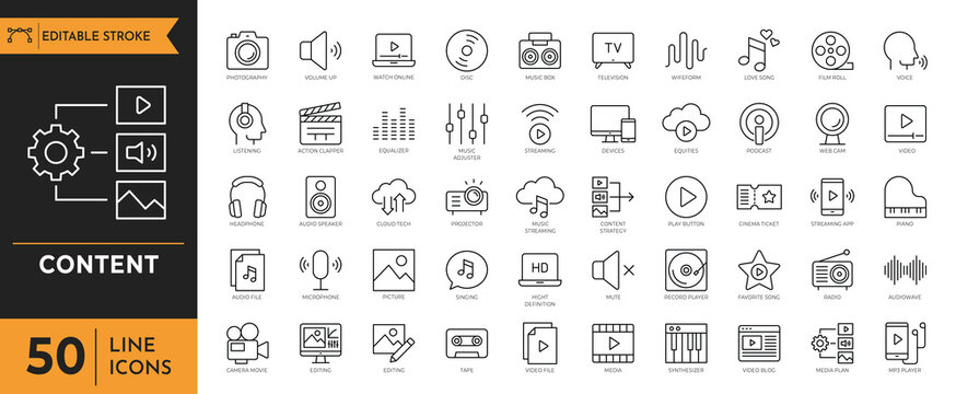 Content line icons set. Audio and Video line icons set. Containing Music, camera, microphone, webcam, earphones, cinema, television, and more. Vector illustration