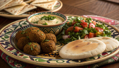 Falafel with hummus, pita bread, and fresh salad
