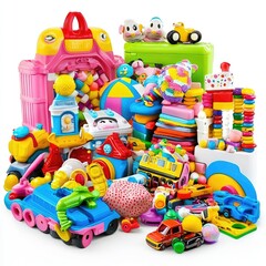 Colorful toys pile; playroom, fun; background white; for educational websites