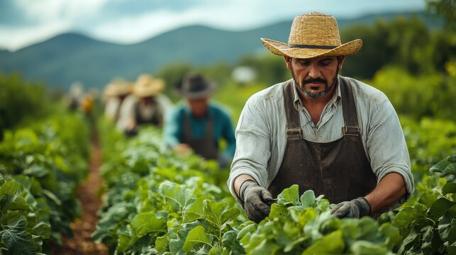 farmers harvesting crops in a rural landscape in Mexico, dynamic scene, natural lighting, detailed composition, professional and engaging perspective,