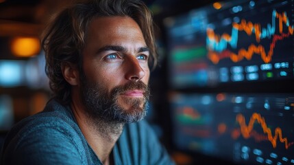 Fototapeta premium financial analyst reviewing market trends in UK, dynamic scene, natural lighting, detailed composition, professional and engaging perspective,